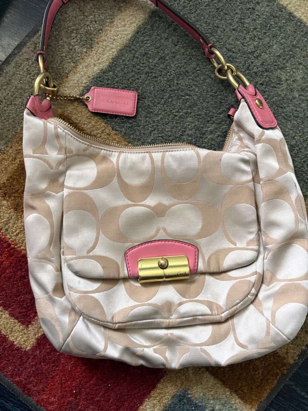 Coach Beige Signature Hobo with Pink Trim